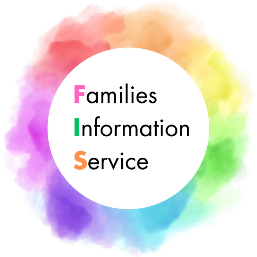 Derbyshire Families Information Service Logo - A rainbox coloured circle with the words 'Families Information Service' inside it